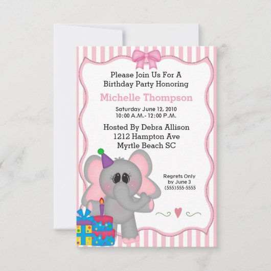Invitations de fête d'anniversaire de l'éléphant r (Devant)