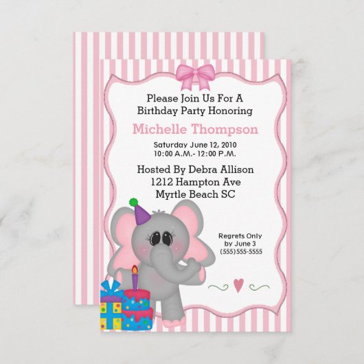 Invitations de fête d'anniversaire de l'éléphant r (Devant / Derrière)