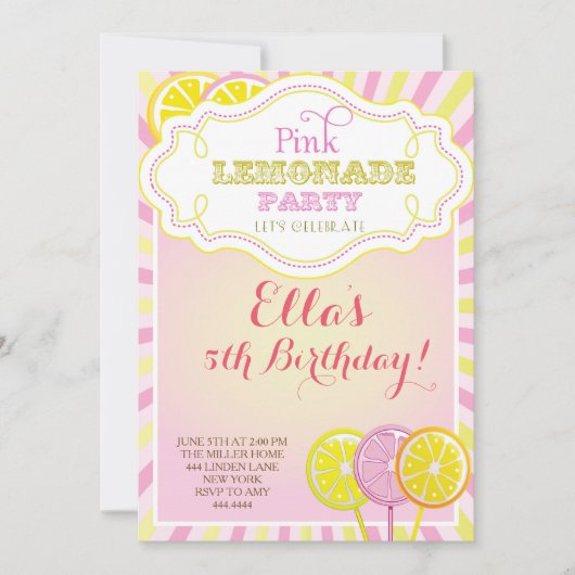 Invitations de fête d'anniversaire de limonade ros (Devant)