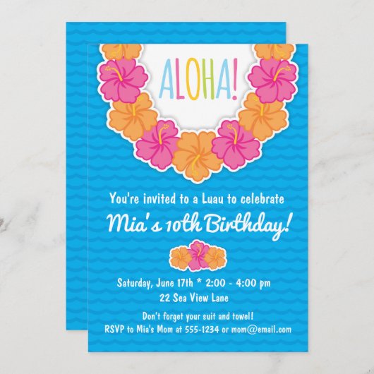 Invitations de fête d'anniversaire de Luau (Devant / Derrière)