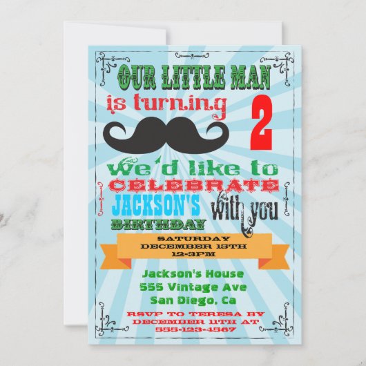 Invitations de fête d'anniversaire de Moustache (Devant)