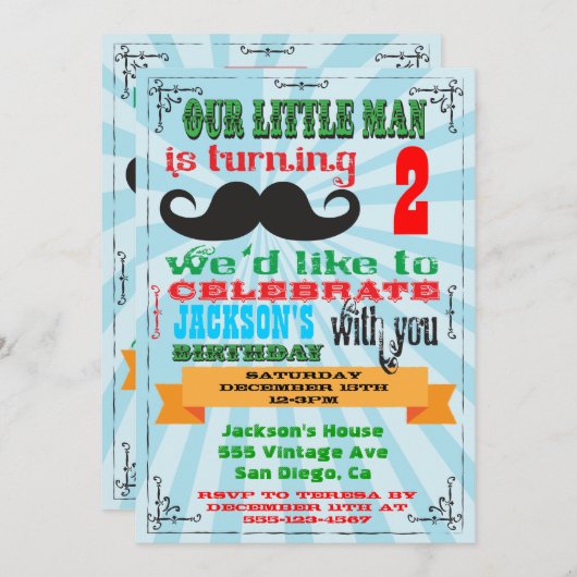 Invitations de fête d'anniversaire de Moustache (Devant / Derrière)