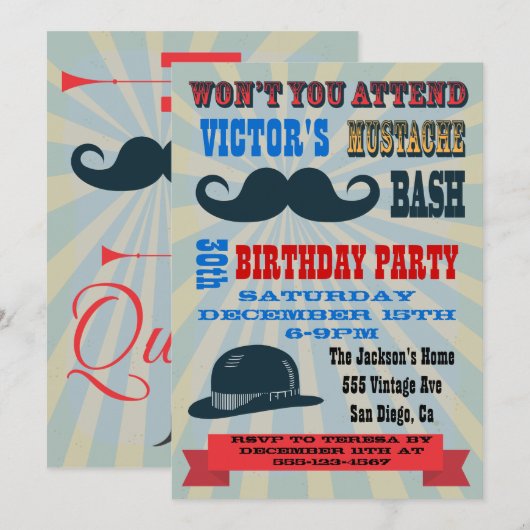 Invitations de fête d'anniversaire de moustache (Devant / Derrière)