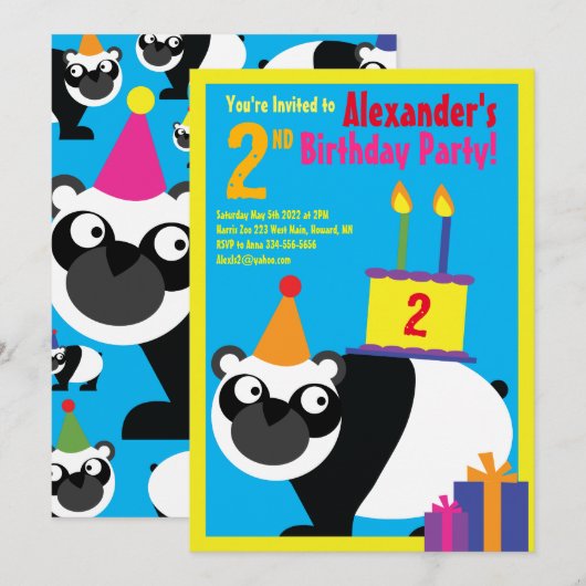 Invitations de fête d'anniversaire de Panda Animal (Devant / Derrière)