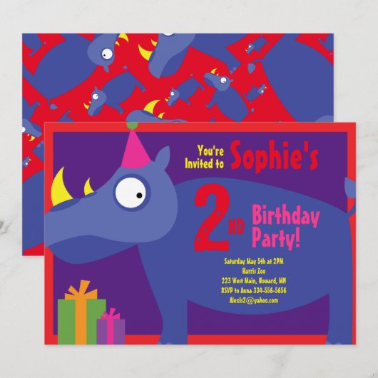 Invitations de fête d'anniversaire de Rhino Animal (Devant / Derrière)