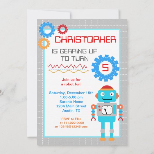 Invitations de fête d'anniversaire de robot (Devant)