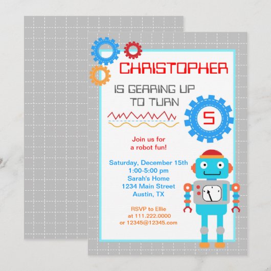 Invitations de fête d'anniversaire de robot (Devant / Derrière)