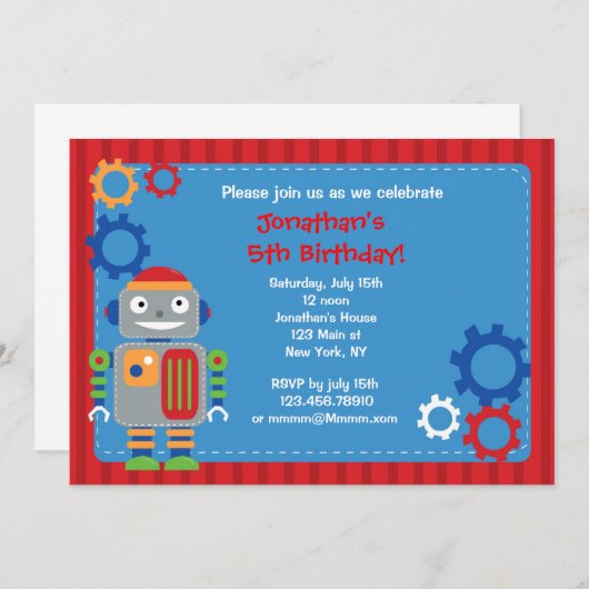 Invitations de fête d'anniversaire de robot (Devant / Derrière)