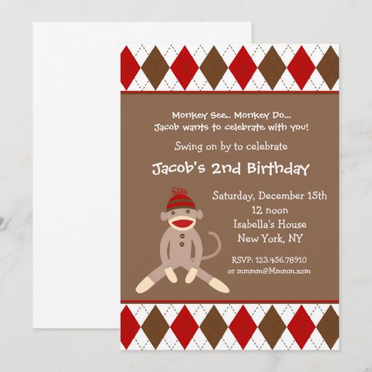 Invitations de fête d'anniversaire de singe de (Devant / Derrière)