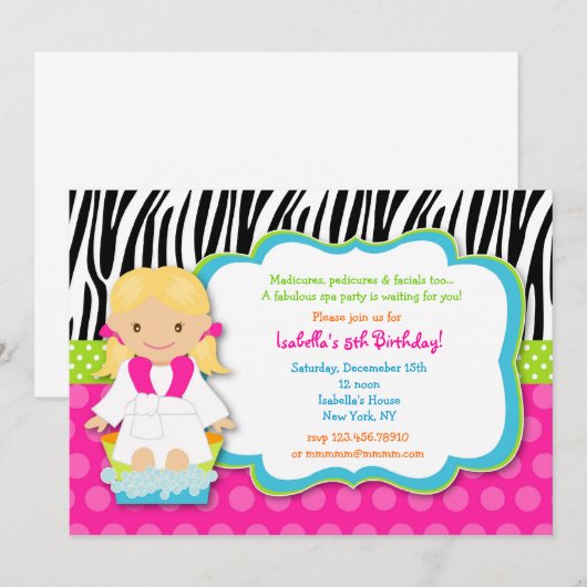 Invitations de fête d'anniversaire de spa (Devant / Derrière)