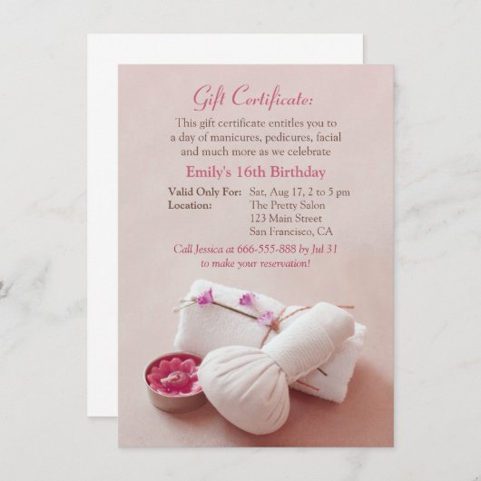 Invitations de fête d'anniversaire de spa de (Devant / Derrière)