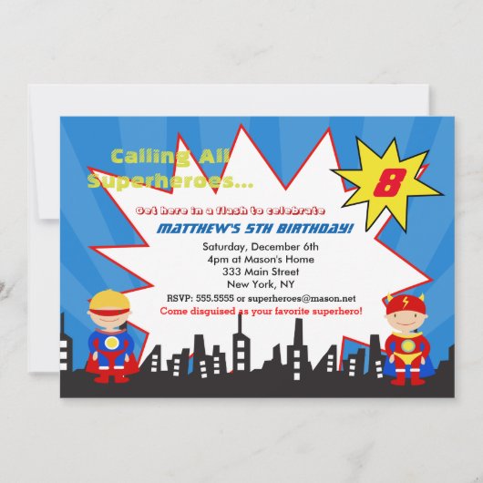 Invitations de fête d'anniversaire de super héros (Devant)