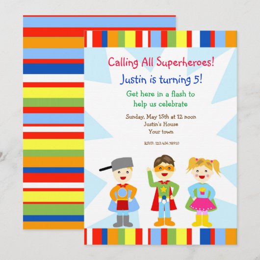 Invitations de fête d'anniversaire de superhéros (Devant / Derrière)