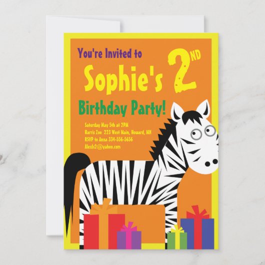 Invitations de fête d'anniversaire de Zebra Animal (Devant)