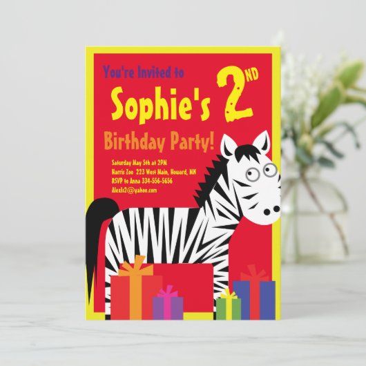 Invitations de fête d'anniversaire de Zebra Animal (Debout devant)