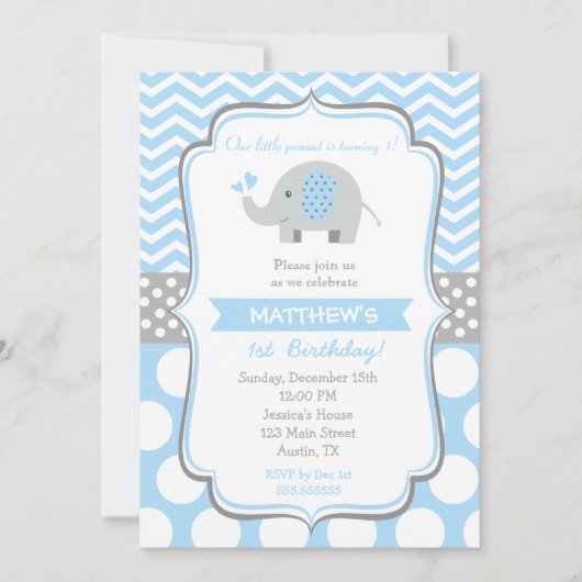 Invitations de fête d'anniversaire des éléphants (Devant)