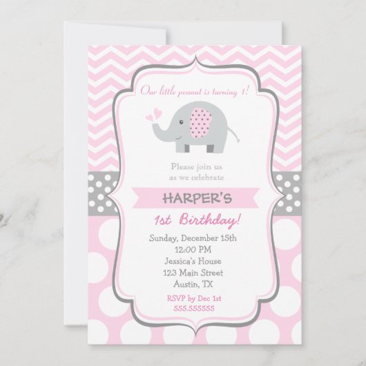Invitations de fête d'anniversaire des éléphants (Devant)