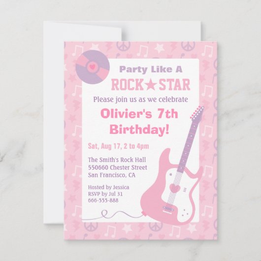 Invitations de fête d'anniversaire des filles rose (Devant)