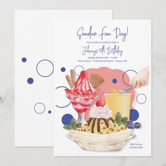 Invitations de fête d'anniversaire dimanche (Devant / Derrière)