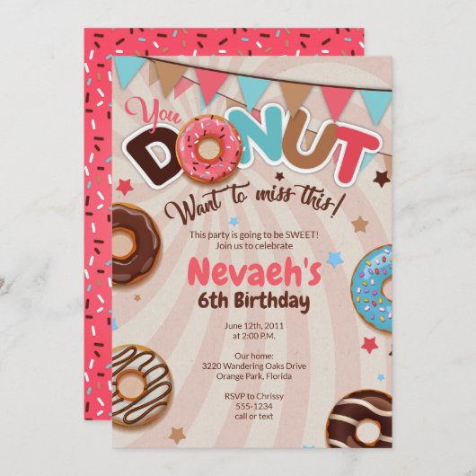 Invitations de fête d'anniversaire Donut (Devant / Derrière)