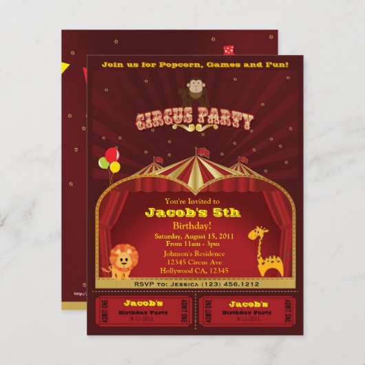 Invitations de fête d'anniversaire du cirque de (Devant / Derrière)