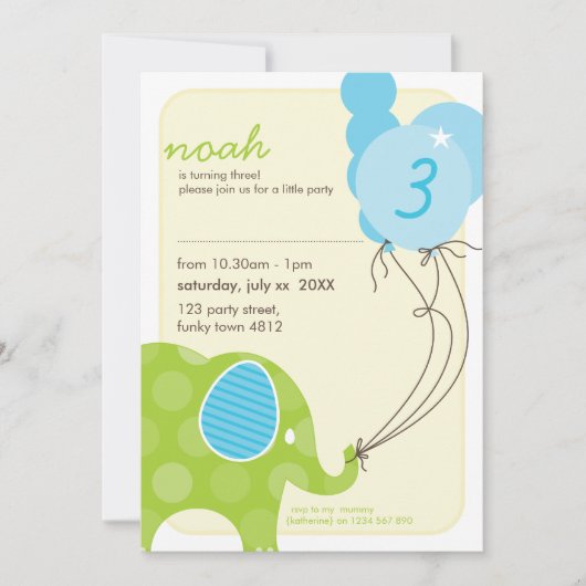 Invitations DE FÊTE D'ANNIVERSAIRE :: éléphant + b (Devant)