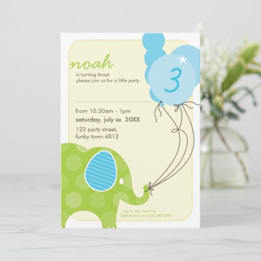Invitations DE FÊTE D'ANNIVERSAIRE :: éléphant + b (Debout devant)