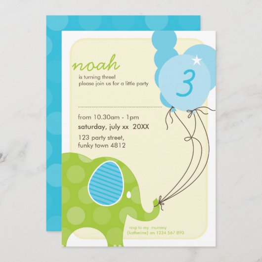 Invitations DE FÊTE D'ANNIVERSAIRE :: éléphant + b (Devant / Derrière)