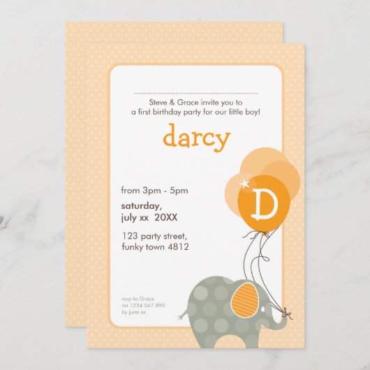 Invitations DE FÊTE D'ANNIVERSAIRE :: éléphant + b (Devant / Derrière)