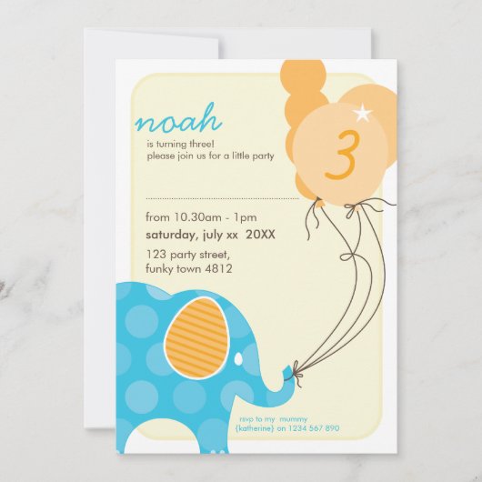 Invitations DE FÊTE D'ANNIVERSAIRE :: éléphant + b (Devant)