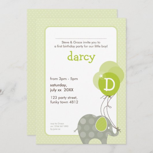 Invitations DE FÊTE D'ANNIVERSAIRE :: éléphant + b (Devant / Derrière)