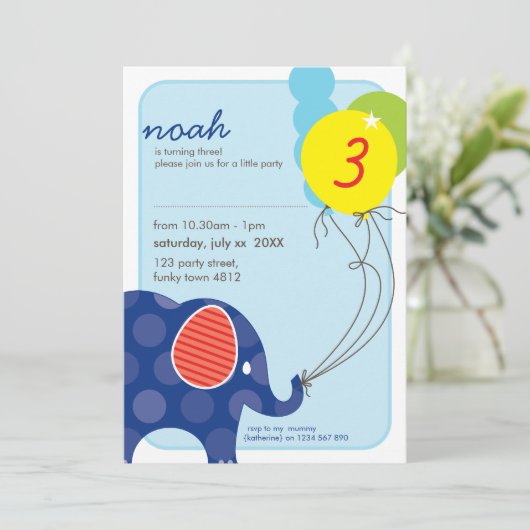 Invitations DE FÊTE D'ANNIVERSAIRE :: éléphant + b (Debout devant)