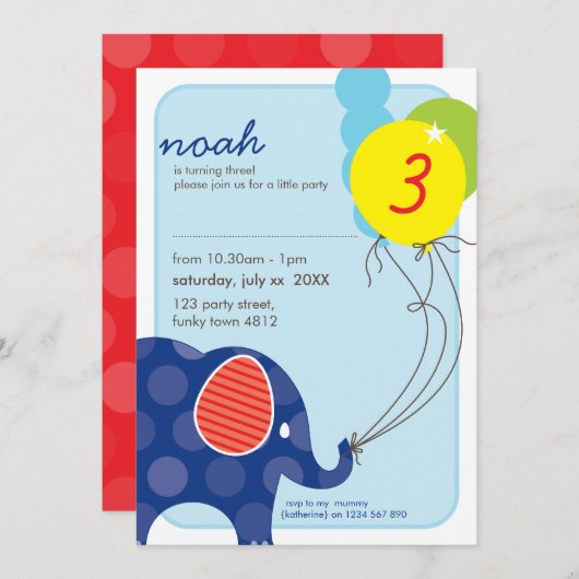 Invitations DE FÊTE D'ANNIVERSAIRE :: éléphant + b (Devant / Derrière)