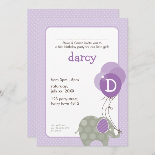 Invitations DE FÊTE D'ANNIVERSAIRE :: éléphant + b (Devant / Derrière)