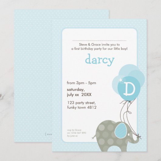 Invitations DE FÊTE D'ANNIVERSAIRE :: éléphant + b (Devant / Derrière)