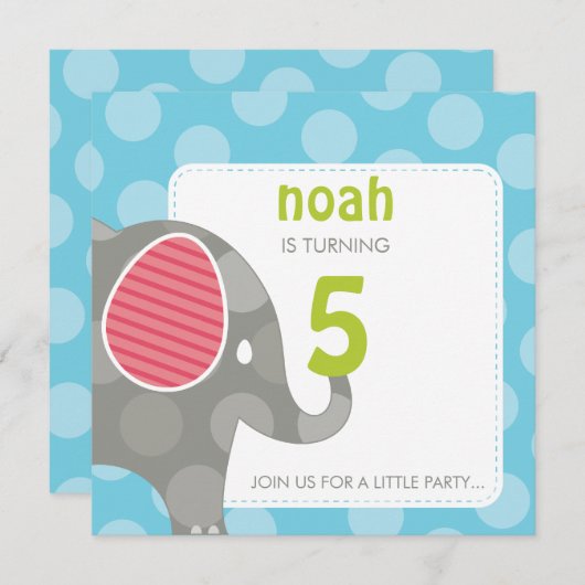 Invitations DE FÊTE D'ANNIVERSAIRE :: éléphant + n (Devant / Derrière)
