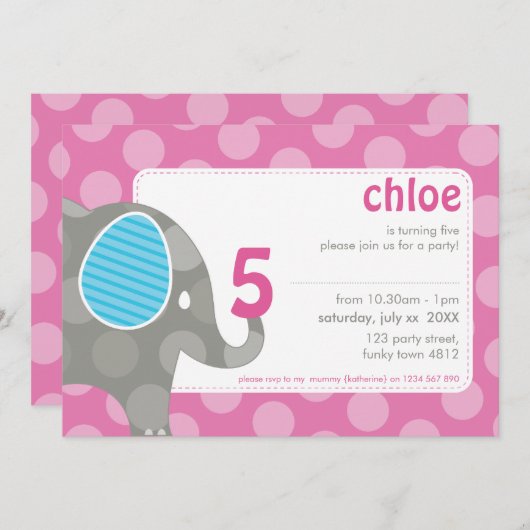 Invitations DE FÊTE D'ANNIVERSAIRE :: éléphant + n (Devant / Derrière)