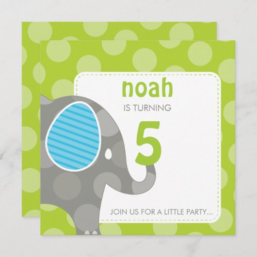 Invitations DE FÊTE D'ANNIVERSAIRE :: éléphant + n (Devant / Derrière)