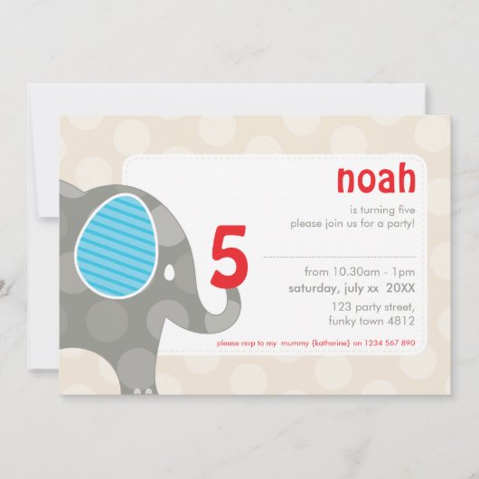 Invitations DE FÊTE D'ANNIVERSAIRE :: éléphant + n (Devant)