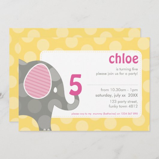 Invitations DE FÊTE D'ANNIVERSAIRE :: éléphant + n (Devant / Derrière)