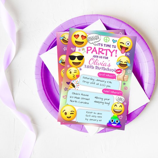 Invitations de fête d'anniversaire Emoji, Fille Em