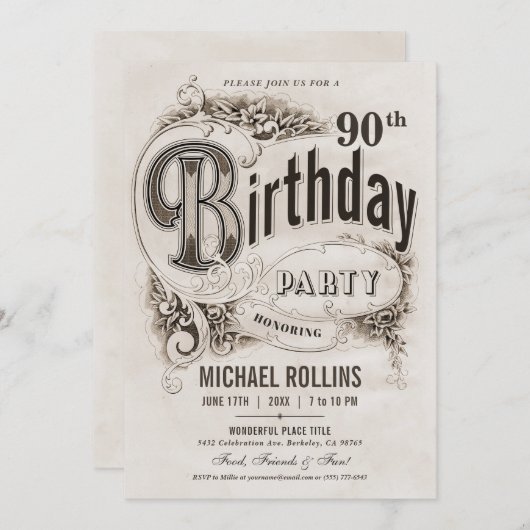 Invitations de fête d'anniversaire Vintage (Devant / Derrière)