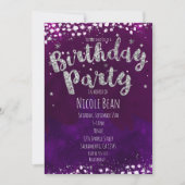 Invitations de fête d'anniversaire violet et argen (Devant)