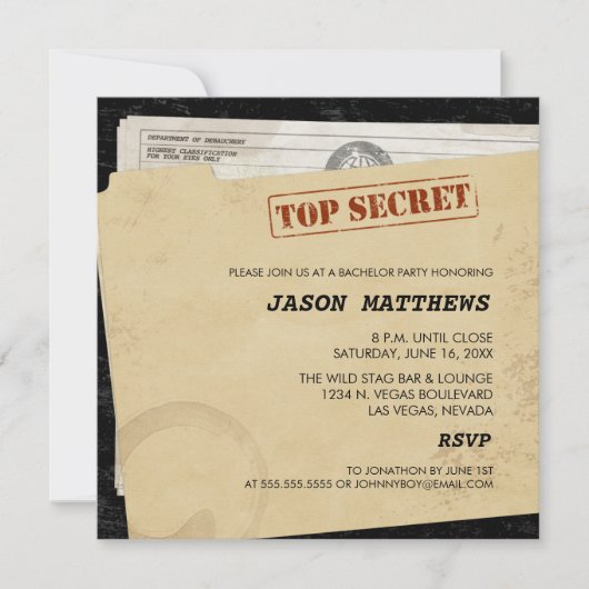 Invitations de fête de bachelor drôles top secret (Devant)
