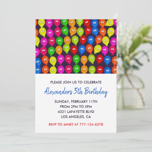 Invitations de fête de couleur 5e garçon ballons m (Debout devant)