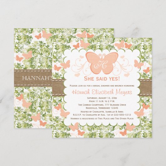 Invitations de Fête de la mariée de papillon de (Devant / Derrière)