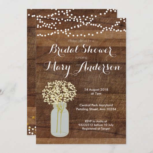 Invitations de Fête de la mariée de pot de maçon (Devant / Derrière)