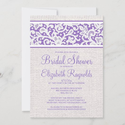 Invitations de Fête de l'mariée de toile de Burlap (Devant)