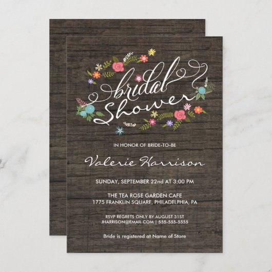 Invitations de Fête de l'mariée en bois rustique à (Devant / Derrière)