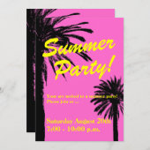 Invitations de fête d'été neon rose et palmiers (Devant / Derrière)